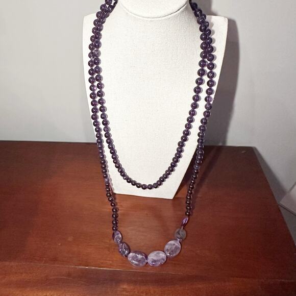 Purple Amethyst Beaded Necklace Very Long Round Beads Flat Stone Unique - Picture 10 of 12